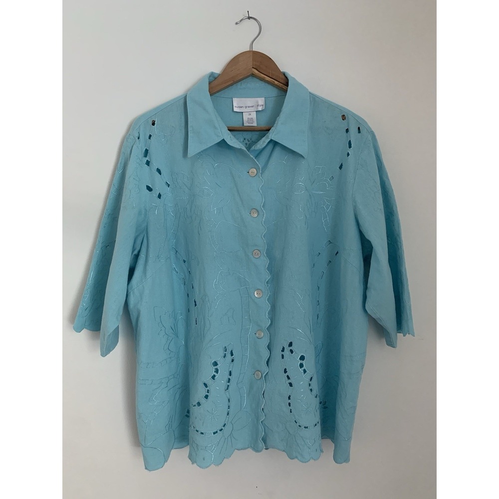 Susan Graver Top Blouse Sz 2X Blue Linen Rayon Cut Out Embroidery Lagenlook Art